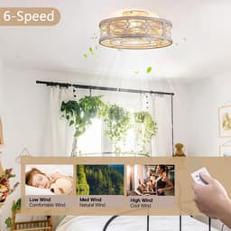 Industriële Plafondventilatorlamp - Wit - Stille Motor - Afstandsbediening - Vintage Kooi Design - 6 Snelheden - Timerfunctie - Woonkamer en Keuken - Zomer en Winterstand - E27 Fitting — thumbnail 4