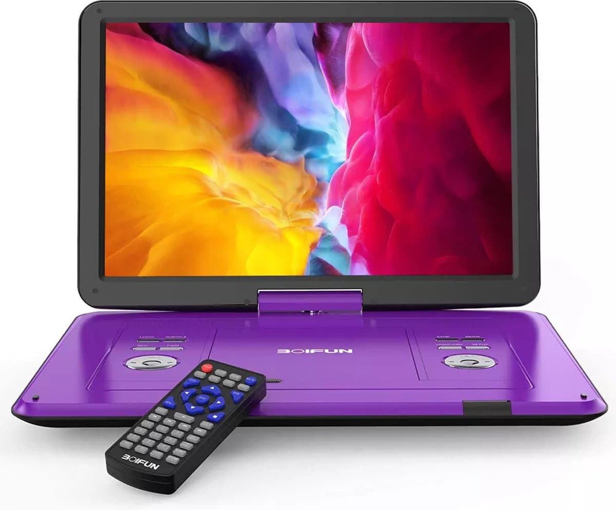 BOIFUN 17,5'' draagbare dvd-speler met 15,6'' groot HD-draaischerm, 6 uur oplaadbare batterij, ondersteuning voor USB/SD-kaart/Sync TV en meerdere schijfformaten dvd-speler, luidspreker met hoog volume, paars — afbeelding 1