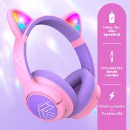 PowerLocus Bobo - Draadloze Koptelefoon voor Kinderen - Bluetooth koptelefoon - 74/85/94dB Volumebegrenzing - Katten Oortjes - Led Verlichting - Paars/Roze — thumbnail 5