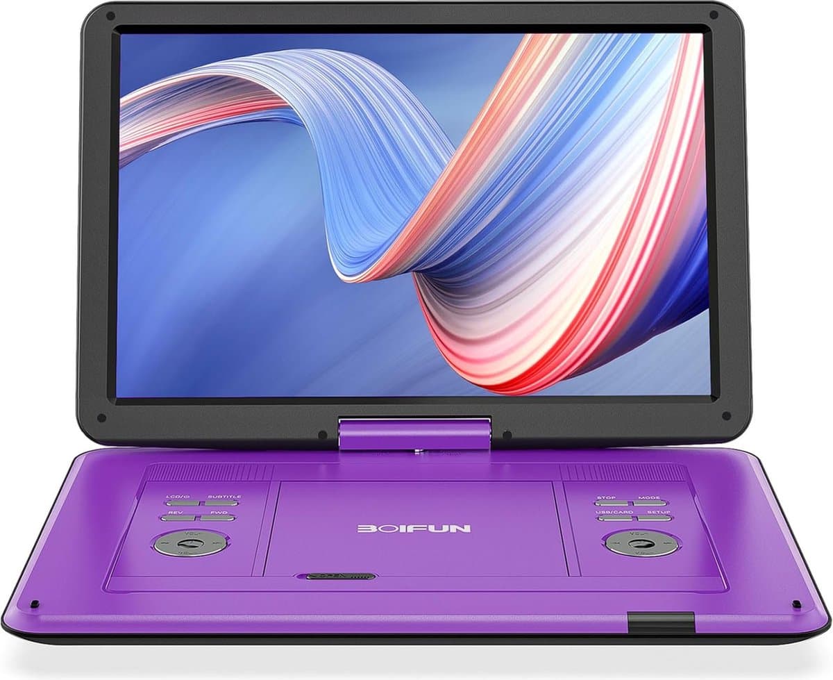 Boifun 17,5" draagbare dvd-speler met 15,6" HD groot draaibaar scherm voor in de auto, 4-6 uur speeltijd met batterij, geheugen-afspeelfunctie, ondersteuning USB/TF-kaart [Blu-ray niet ondersteund] — afbeelding 1