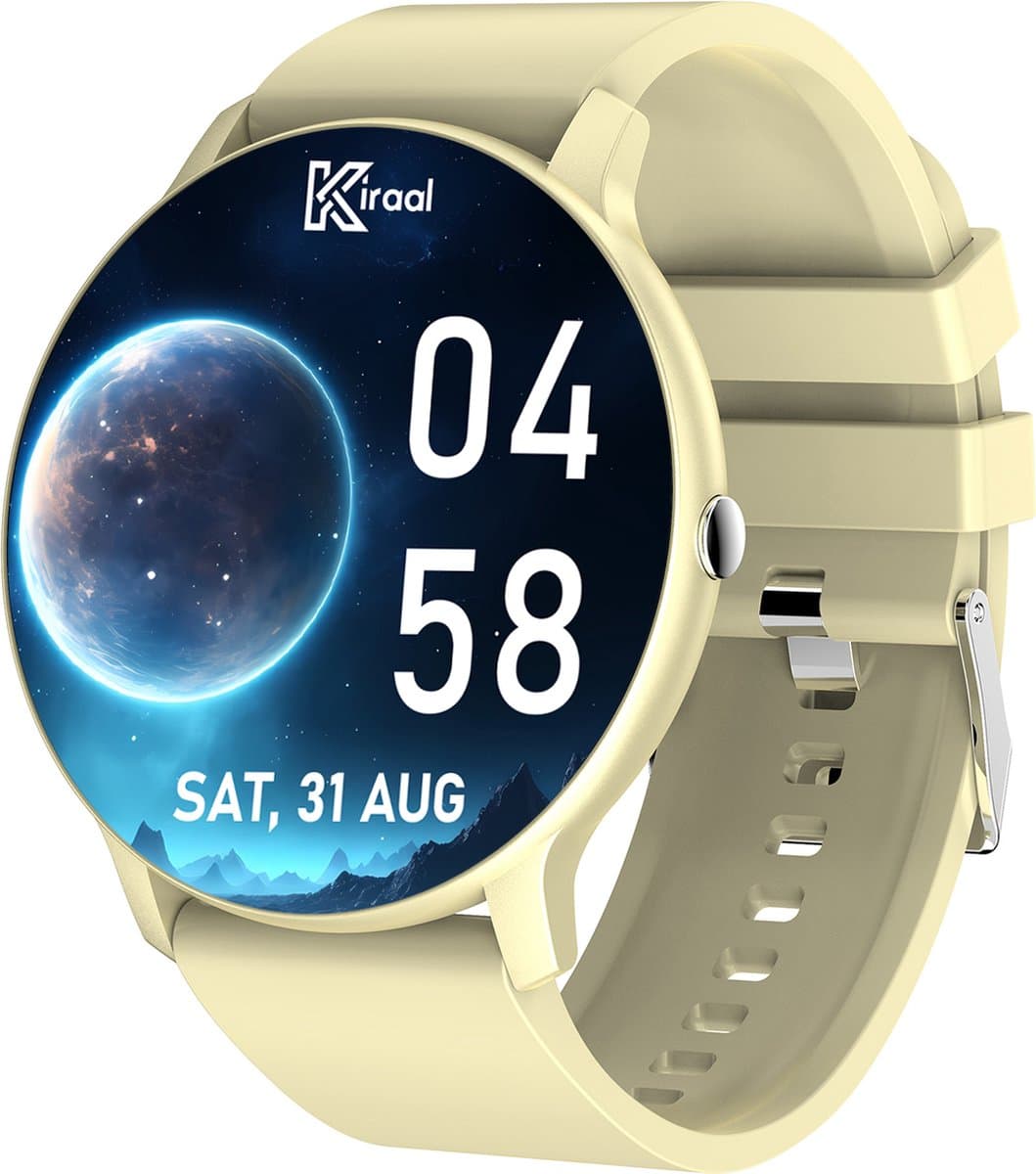 Kiraal Fit 5 - Smartwatch dames - Smartwatch Heren - Stappenteller - Full Screen - Fitness Tracker - Activity Tracker - Smartwatch Android & IOS - Beige — afbeelding 1
