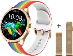 Belesy® BQSiRgRb PLUS - Smartwatch Dames – Smartwatch Heren - Horloge - 1.28 inch - Kleurenscherm - Stappenteller - Bloeddruk - Hartslag - 75+ Wijzerplaten – Sporten – Rose Goud – Milanees staal - Siliconen - Regenboog - Kerstcadeau — thumbnail 1