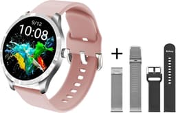 Belesy® BQSiRgPk Pro - Smartwatch Dames – Smartwatch Heren - Horloge - 1.28 inch - Kleurenscherm - Stappenteller - Bloeddruk - Hartslag - 75+ Wijzerplaten – Zilver – Siliconen – Roze – extra polsband Milanees Zilver extra polsband Zwart - Kerstcadeau — thumbnail 1