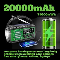 RAWVOLT® - NIEUW - Noodradio SW20K - 20000mAh Li-ion Accu - Solar Opwindbaar - Powerbank, Zaklamp, SOS Alarm & Leeslamp - 2026 model voor indoor, outdoor en in noodpakket - incl. Multi-Function Survival Armband - Army Green — thumbnail 5