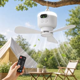 MUPOO Draadloze Plafondventilator camper met LED lamp & Afstandsbediening - 8000mAh Oplaadbaar - 4 Snelheden -Timer -Stille Motor & Afneembare Bladen - Ø27cm - Voor Camping, Tent, Caravan, Slaapkamer, Tuin, RV & Overkapping — thumbnail 1