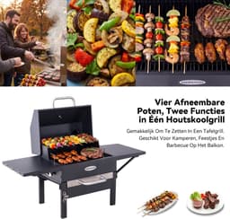 HOMAVO Houtskoolgrill, Barbecue met Deksel, Grilloppervlak: 45×32 cm, 2-standig in hoogte verstelbare kolenbak, Bijzettafel, Thermometer, Met Waterdichte Barbecuehoezen — thumbnail 4