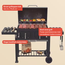 KitchenBrothers Houtskool BBQ XL - Dual Zone Smoker Barbecue - Met Verstelbare Kolenroosters & Inklapbare Zijtafels - PFAS-vrij - 42,3x75,8cm Grilloppervlak - Vaderdag Cadeau - Zwart — thumbnail 3