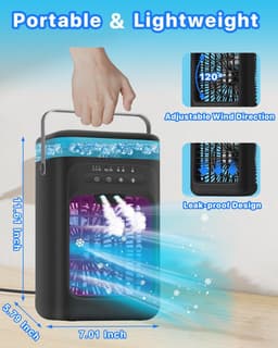 Ulisem - Draagbare airconditioner - Verdampingskoeler - 3 snelheden en 2 miststanden - 120° oscillerend - 7-kleuren nachtlampje - 2/4 uur timer - 1L tank - Type-C - Stil (35dB) - Zwart — thumbnail 2