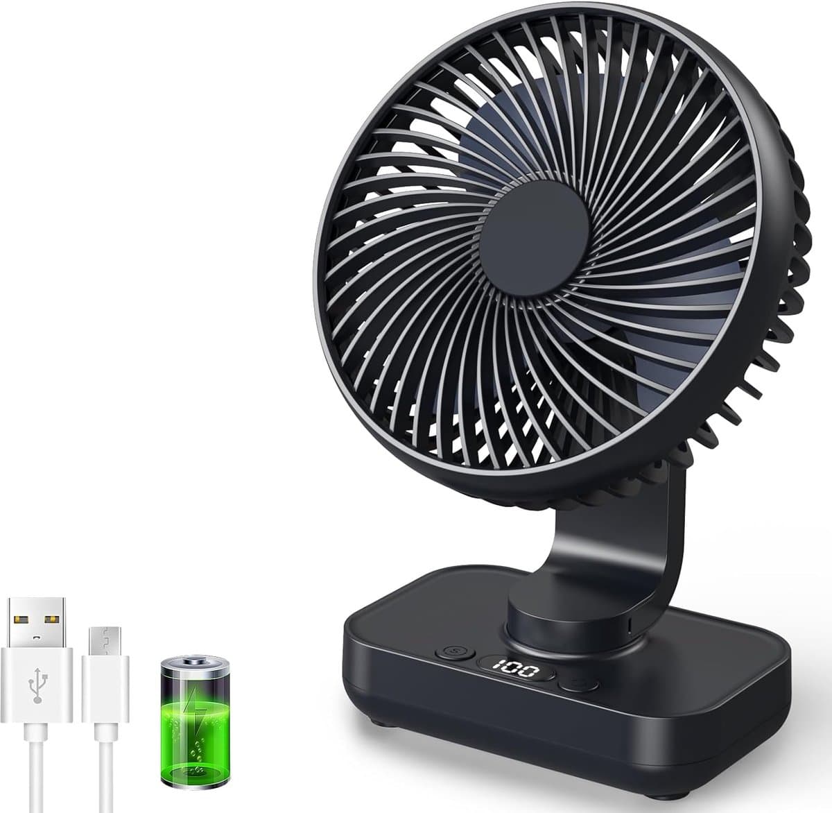 VHV-Tafelventilator USB - Ventilator met Oscillatie - 4500mAh Oplaadbare Batterij - Fluisterstille Bureauventilator - 4 Snelheden en Digitaal Display - Draagbare Handventilator voor Kantoor, Slaapkamer en Buiten - Zwart — afbeelding 1