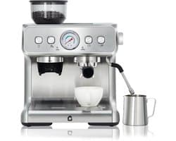 Professionele Pistonmachine met Bonenmaler en Melkopschuimer - Espressomachine met Drukmeter - 20 Bar - 2.8 Liter - Voor Espresso & Cappuccino