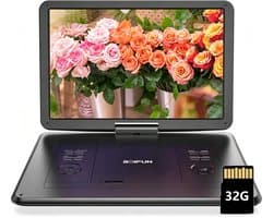 Boifun 17,5" draagbare dvd-speler met 15,6" groot HD-scherm, 6 uur oplaadbare batterij, ondersteuning voor USB/SD-kaart/Sync TV en meerdere schijfformaten, luidspreker met hoog volume, met 32GB Karrt