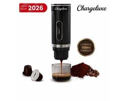 ChargeLuxe Draagbaar Koffiezetapparaat & Espressomachine – Vaderdag Cadeau voor Papa – Koffiemachine voor Onderweg – Cups, Capsules & Gemalen Koffie – Verwarmt Zelf Water – IJskoffie – Reizen, Camping, Vakantie & Auto – 12 Volt