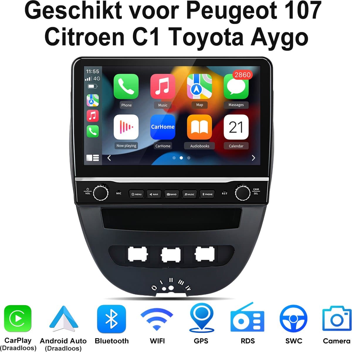 Junsun Android 15 Autoradio Geschikt voor Peugeot 107 Citroen C1 Toyota Aygo Accessoires, 2GB+64GB, Draadloze CarPlay & Andriod Auto, DAB+, GPS-navigatiesysteem, Bluetooth, Stuurwielbediening, WiFi, 10.1-inch Touchscreen, DSP, Quad-core processor — afbeelding 1