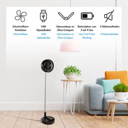 Draadloze Ventilator Oplaadbaar Telescopisch 35-100 cm Staande Ventilator Bureauventilator 4 Standen 180° Verstelbaar Stil 30 dB Zwart — thumbnail 4
