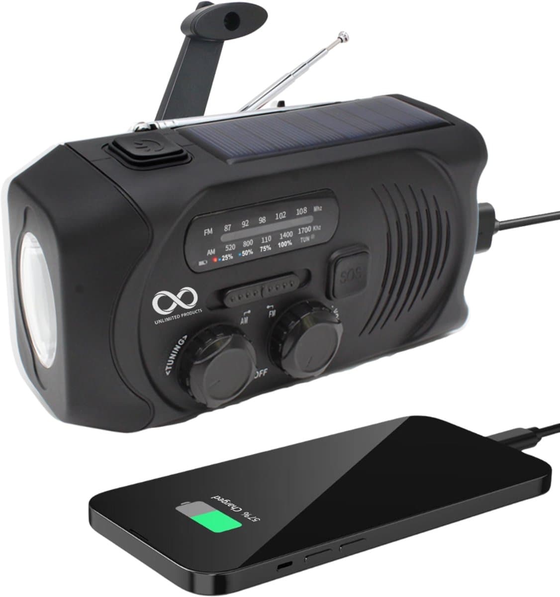 Noodradio - Solar - Opwindbaar - Zwart - Powerbank Zonne-energie - Zaklamp - Opwindbare Radio - Noodpakket — afbeelding 1