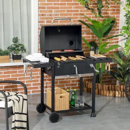 Houtskoolbarbecue - Grillwagen - Tuinbarbecue - Twee roosters - Inklapbare zijtafels - Opbergplank - Handvat - Buiten koken - 120x64x114cm - Zwart — thumbnail 2