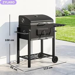 Premie Houtskool Barbecue - Smoker Barbecue - Houtskoolgrill - met Deksel, Handgrepen, Thermometer, Wielen, Warmhoudrek, 2 Grillrooster - BBQ voor Kamperen, Buiten, Tuin - 113 x 65 x 108 cm - Zwart — thumbnail 2
