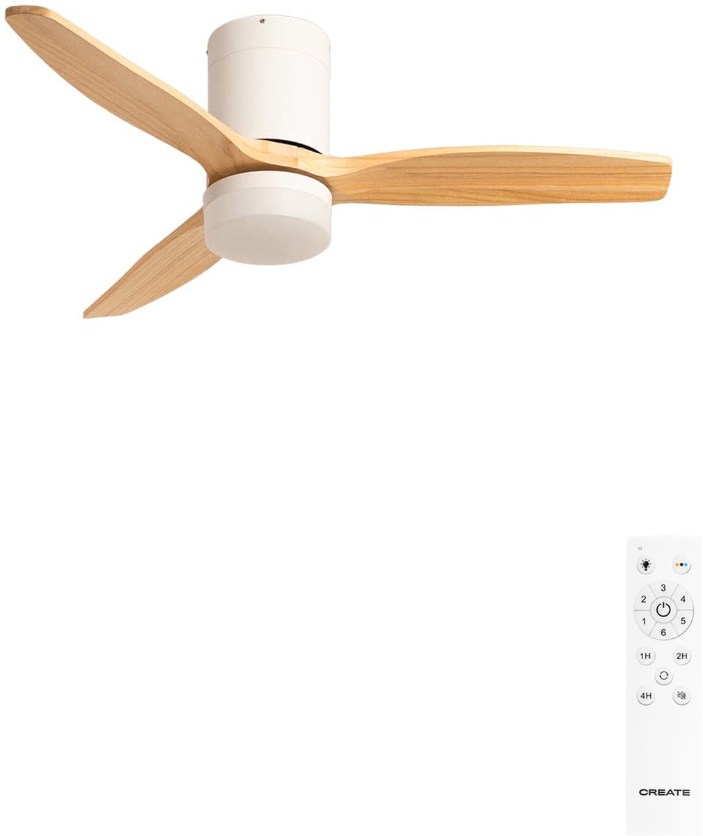 CREATE - Stille 40W plafondventilator met technische ABS bladen (Ø112cm) (ruimtes ≤10m²) - Wit/Licht houtlook - Met licht - Afstandsbediening - WIND CALM — afbeelding 1