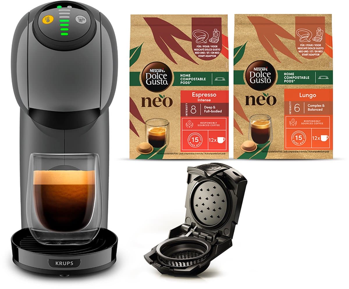 Krups Dolce Gusto Genio S YY5895FD – Capsule Koffiemachine – 15 bar – Grijs – Zonder melkopschuimer – Bundle 2x NEO Espresso Lungo + NEO Capsule Adapter — afbeelding 1