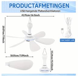 Draagbare USB Plafondventilator – 6 Bladen – Stille Mini Ventilator voor Camping, Tent & Thuis – USB Aangedreven – Wit — thumbnail 3