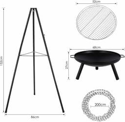 Cellista Statief BBQ Grill - Houtskool Grillset - Kampvuur BBQ - Vuurkorf met Hangend Grillrooster - Verstelbare Hoogte - 52 cm — thumbnail 5