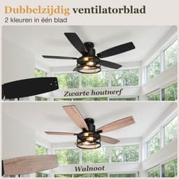 Rosnek Industriële Plafondventilator met Lamp - 112cm Zwart Kooi Design - Stille Plafondventilator Hout - Zomer en Winterstand - Slaapkamer/Patio — thumbnail 3