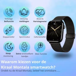 Kiraal Montala Smartwatch - Inclusief 5 Bandjes - Hartslagmeter - Stappenteller - Slaapmonitor - Multisport - Compatibel met Android en iOS - Zwart — thumbnail 3