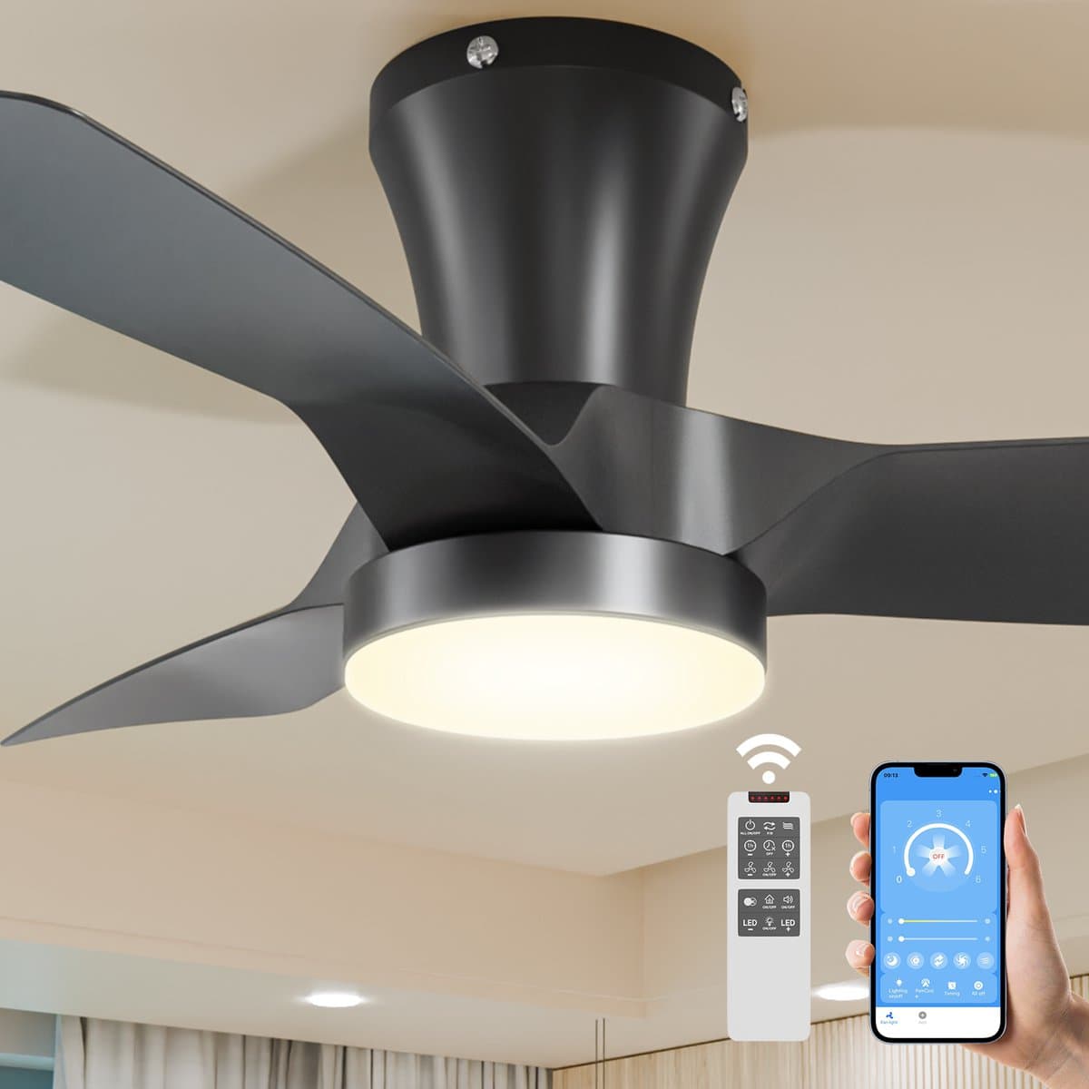 Epochglo Plafondventilator met Verlichting Klein (30"), Stille DC Motor & APP/Afstandsbediening, 22W LED Lamp Dimbaar 3000K-6000K, 6 Standen & Timer, Zomer- en Winterstand voor Slaapkamer, Eetkamer, Woonkamer, Zwart — afbeelding 1