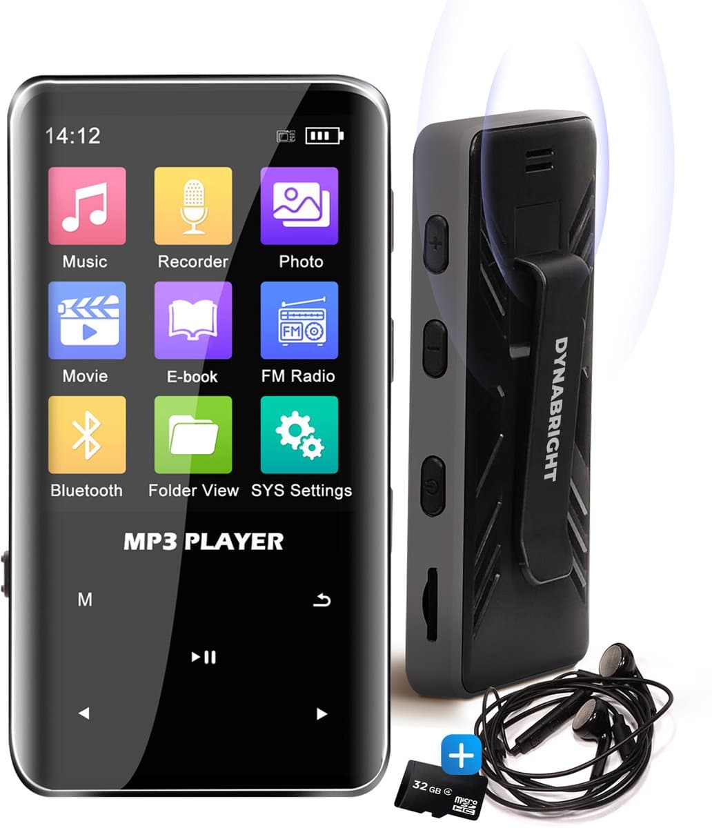 DynaBright - MP3 Speler met Bluetooth - Incl. Oordopjes en 32GB Geheugen - met Clip - MP3/MP4 - Voice Recorder Digitaal - met FM Radio - Zwart — afbeelding 1