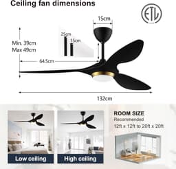 reiga 132cm Zwart-Goud Moderne Plafondventilator met Verlichting en Afstandsbediening, Slim WiFi, 3 Bladen, Stille DC-motor voor Woonkamer, Slaapkamer, Terras, Garage — thumbnail 5