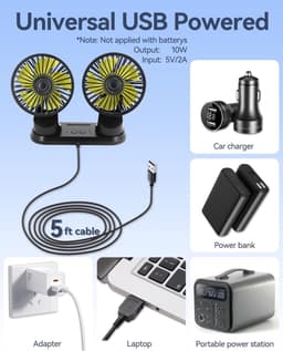 KZQ Draagbare Autoventilator Met Dubbele Kop Usb Aansluiting Voor Dashboard 3 Standen Krachtige Autofan 360 Graden Draaibaar — thumbnail 4