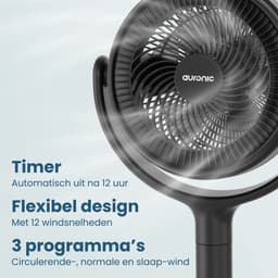 Auronic Statiefventilator - Staande Tafel en Vloerventilator - 12 Standen en Timer - Luchtkoeler - Stil - Met Afstandsbediening en Display - Fan - Zwart — thumbnail 4