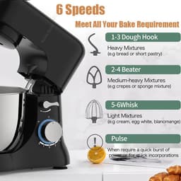 Staande mixer, keuken elektrische mixer met 4,5 Qt kom, 6+ snelheden, 1300W, inclusief deeghaak, platte klopper en draadgarde voor thuis koken — thumbnail 5