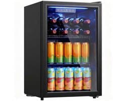 70L Drankenkoelkast - Zwart Dubbele Glazen Deur - UV-bescherming 2 Verstelbare Roosters LED - Display Verlichting 2-18°C- Instelbaar Stille 43dB - Vrijstaande Mini Koelkast - voor Kantoor Slaapkamer Bar