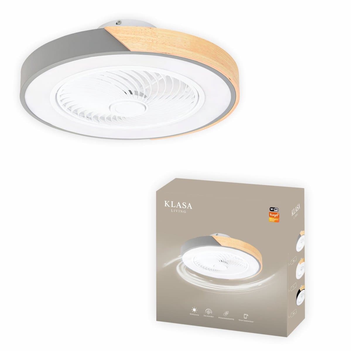 Slimme Plafondventilator - Grijs + Hout - Ø 52 cm - Stille Motor - Handige App - Dimfunctie - Plafond Ventilator met Verlichting - Plafondlamp met Ventilator — afbeelding 1