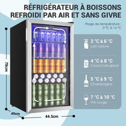 CYRO - Mini Koelkast Glazen Deur - Mini Koelkasten voor Drinken - Minibar - LED - 126 Blikjes - Verstelbare Planken - RVS - Zilver — thumbnail 2