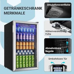 CYRO - Mini Koelkast Glazen Deur - Mini Koelkasten voor Drinken - Minibar - LED - 126 Blikjes - Verstelbare Planken - RVS - Zilver — thumbnail 5