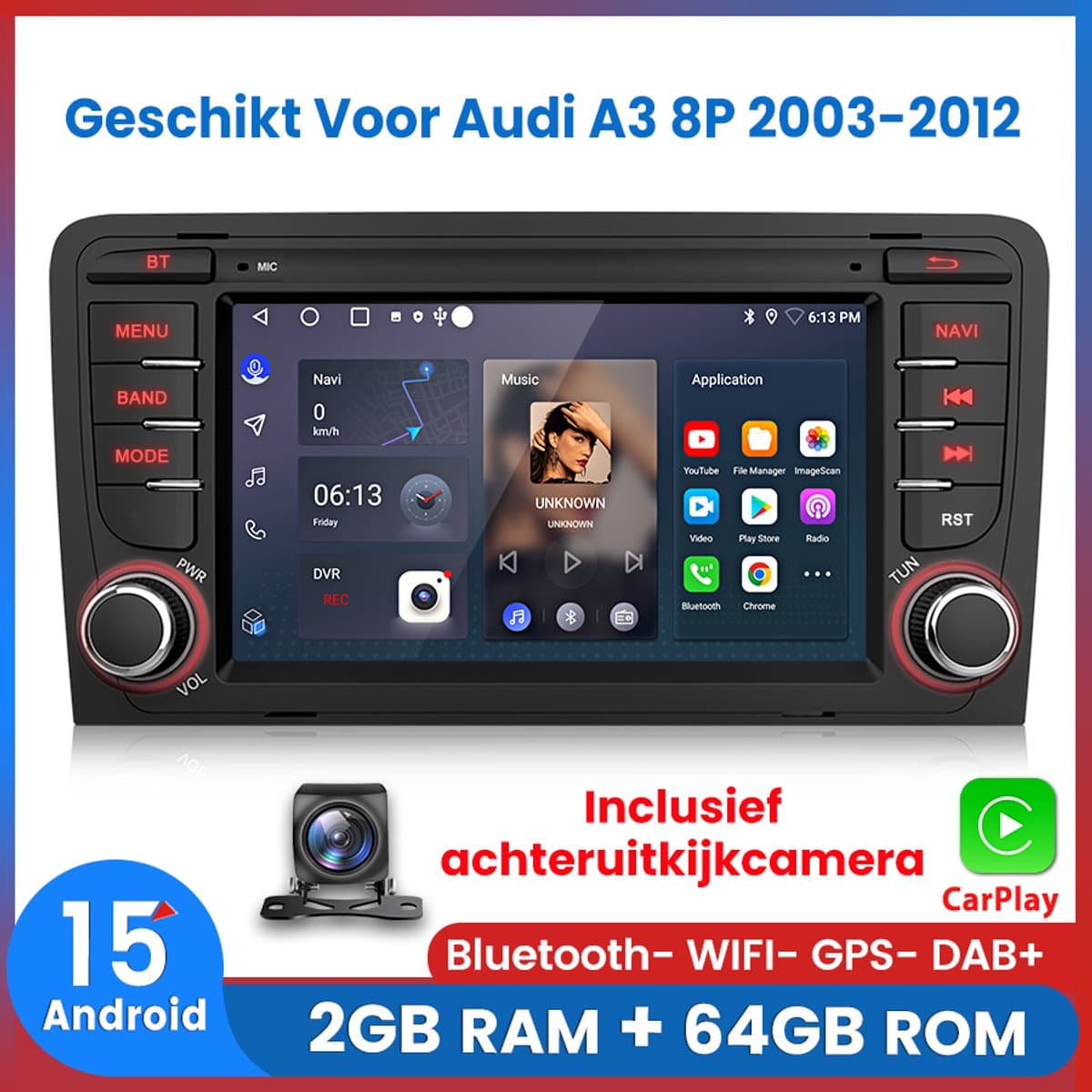 Awesafe Autoradio - Geschikt Voor Audi A3 8P 2003 t/m 2012 - 2GB+64GB - Draadloos Carplay Android Auto - GPS RDS Bluetooth - Navigatie - RAM 2GB + ROM 64GB - Inclusief achteruitkijkcamera - 2003 2004 2005 2006 2007 2008 2009 2010 2011 2012 — afbeelding 1