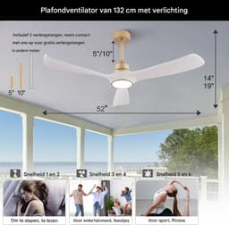 Plafondventilator Met Verlichting - LED Plafondventilator - Plafondventilator Met Afstandsbediening - 52 Inch ABS Bladen Wit-Goud - Reversibele DC Motor - Geheugenfunctie — thumbnail 5