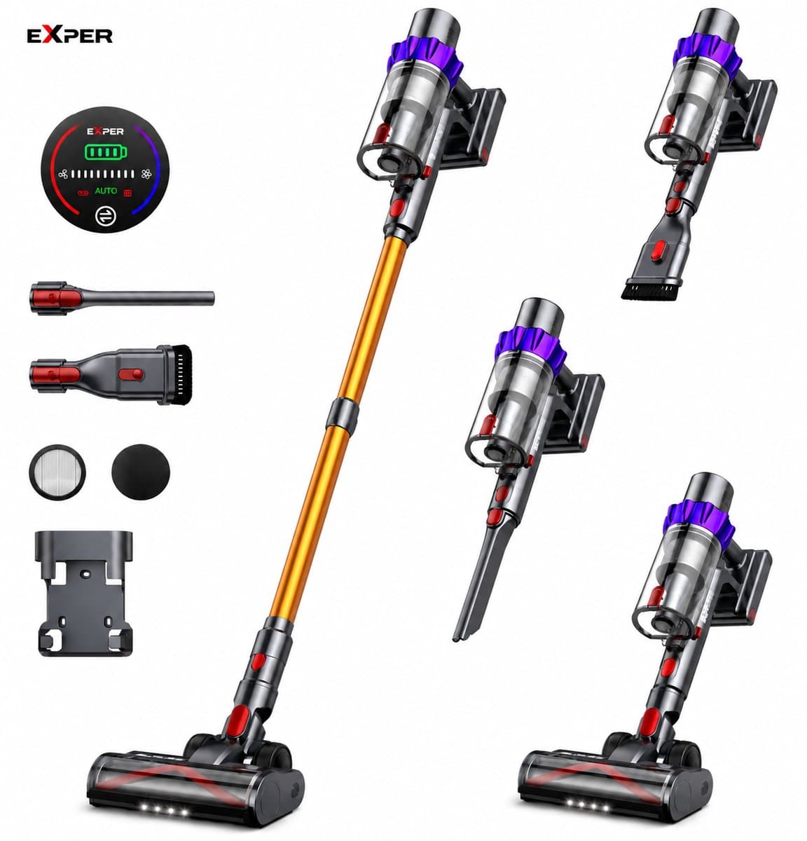 EXPER - Steelstofzuiger Draadloos - Zonder Zak - Met 3 Opzet Stukken - Snoerloze Stofzuiger - Handheld - 500W - 48 KPA Zuigkracht -1.2 Liter Stofbak - Verwijderbare Accu — afbeelding 1