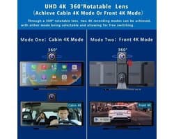 Dashcam voor Auto - 10.26” 4K Dashcam – CarPlay & Android Auto – 350° Rotatie – 6M AHD Achtercamera – Nachtzicht & Rijassistentie - Zwart