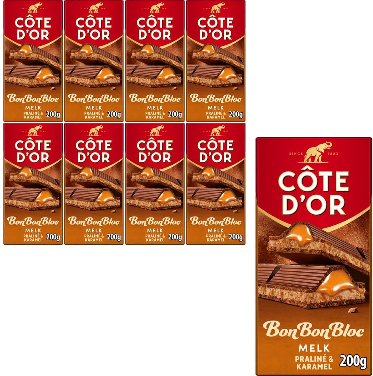 Côte d'Or BonBonBloc Chocoladereep Melk Praliné & Karamel 8 x 200g - Chocolade Tabletten - Cadeau vrouwen of mannen verjaardag - Voorraad — afbeelding 1