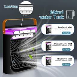 Mobiele Airconditioning - Draagbare Luchtkoeler - Mini Airco - 4-in-1 Ventilator met USB - Luchtkoeler met 600ml Watertank - Kleine Airconditioning voor Slaapkamer & Camping - 3 Snelheden & 3 Nevelmodi - Met 6 Kleuren Nachtlampje — thumbnail 4