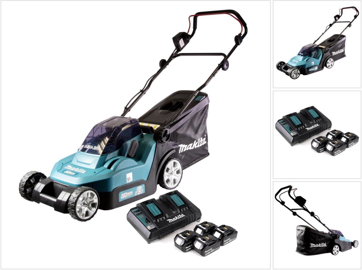 Makita DLM 432 PM4 accu grasmaaier 36 V ( 2x 18 V ) 43 cm borstelloos + 4x accu 4.0 Ah + dubbele lader — afbeelding 1