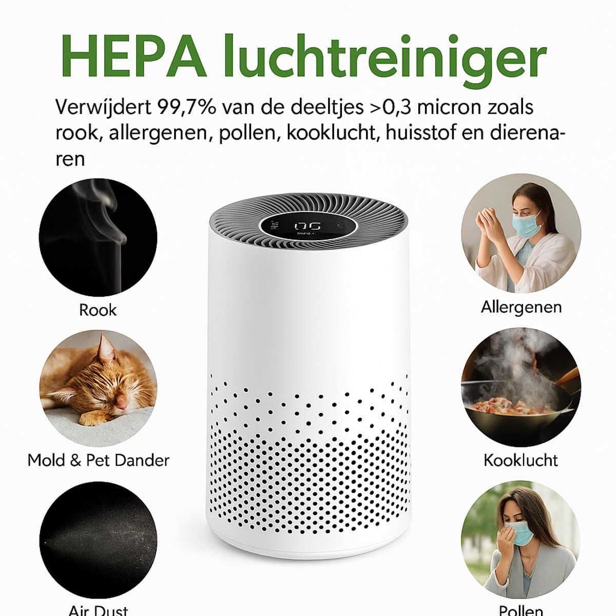 Luchtreiniger – HEPA H11 Filter – Ionisator – Aromatherapie – Stil 25dB – 4 Snelheden – 360° Inlaat – Timer – Verwijdert 99,9% Stof, Geur, Allergenen, Rook, Huisdierhaar – Slimme Sensor – Voor Slaapkamer/Woonkamer — afbeelding 1