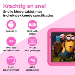 Naevy Kindertablet 8 inch - Vanaf 3 Jaar - 4+4GB RAM - 64GB Geheugen - 5000mAh Batterij - Ouderlijk Toezicht - Incl. Roze Beschermhoes — thumbnail 2