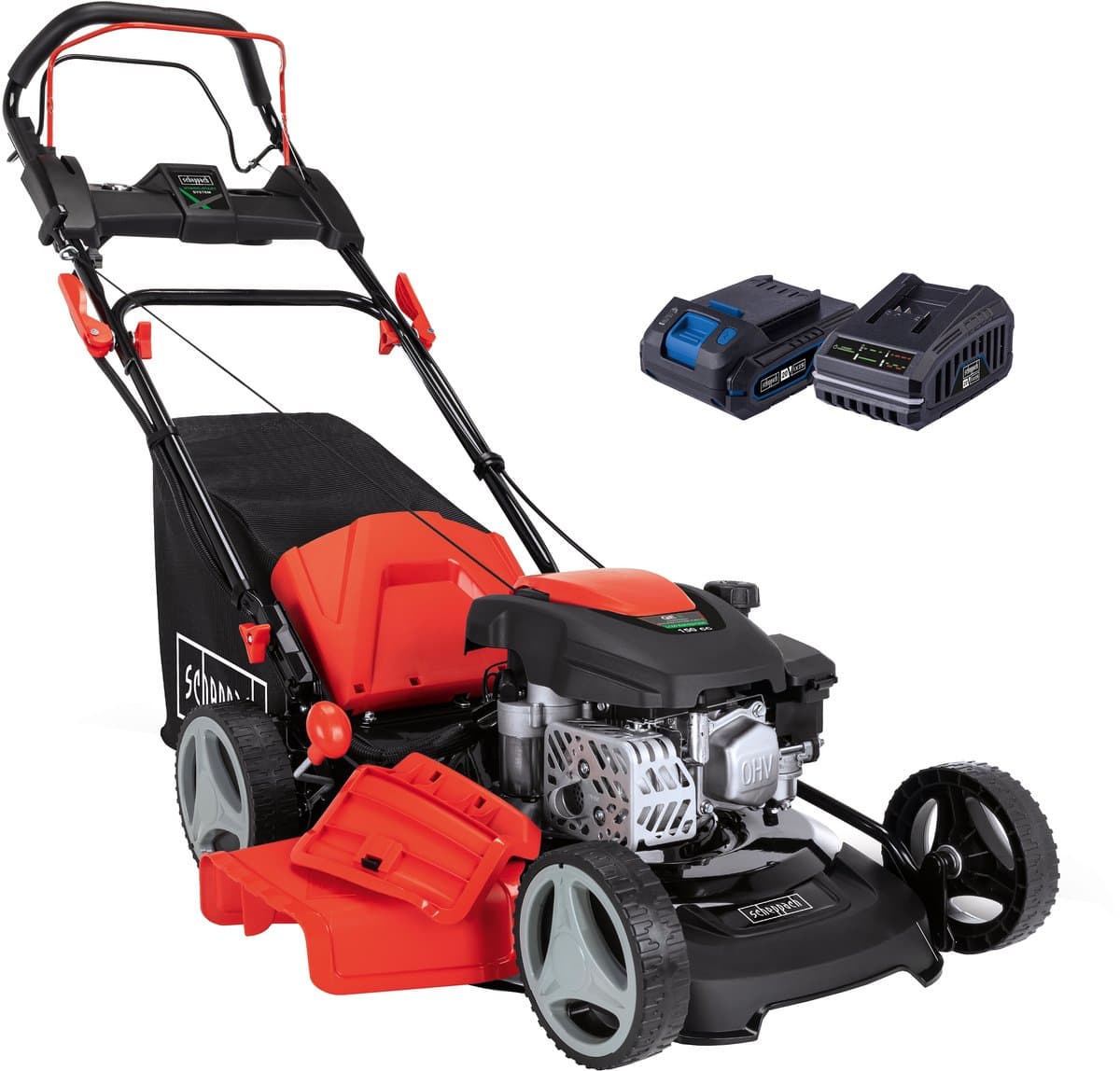 Scheppach MS150-46E Benzine grasmaaier - 150cc - 9PK - 46cm maaibreedte - in maaihoogtes instelbaar: 25-75mm - 55L opvangbak (met accu) — afbeelding 1