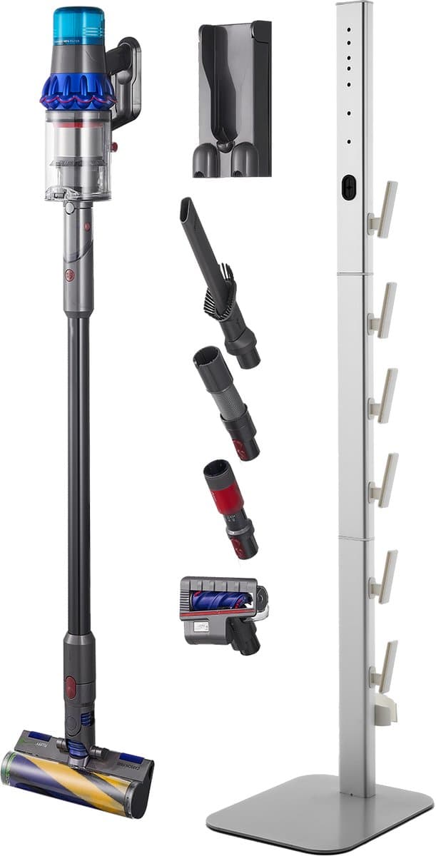 Stofzuigerstandaard 126 Cm, Compatibel met Dyson G5 V15 V12 V11 V10 V8 V7 V6-Serie, Standaard voor Stofzuigers & Accessoires, Vloerstandaard met 6 Haken En Antislip Voetpads, Zilver — afbeelding 1