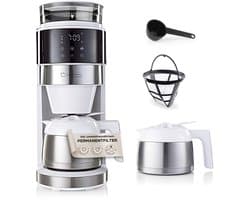 Barista-filterkoffiezetapparaat met instelbare molen (Pro Design) | Warmhoudfunctie, 24-uurs timer & permanentfilter | Voor 10 kopjes koffie | Koffiezetapparaat voor bonen en gemalen koffie [Wit]