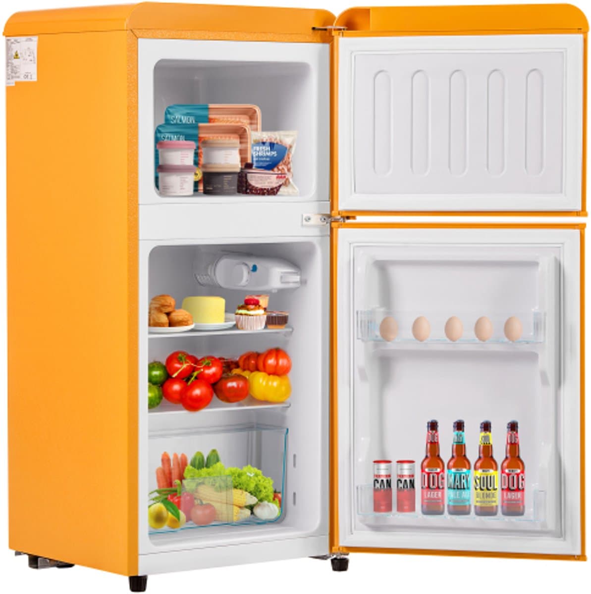 Retro koelkast. Freezer -combinatie. 86,8 cm hoog, 45,5 cm breed, twee dader, met een totaal van 60 liter totaal volume, 22 liter vriezervolume. 102 kWh/jaar, -27 ° C ∽ 13 ° C, LED -licht. Premium gele energieklasse E — afbeelding 1